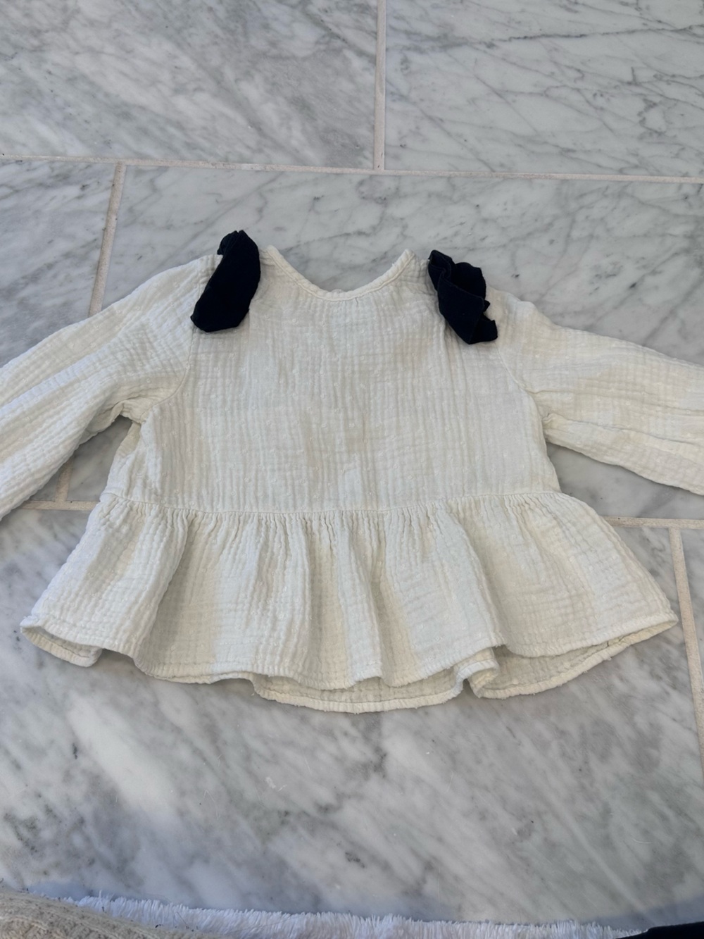 Kids White Ruffle Peplum Top with Black Bow Detail